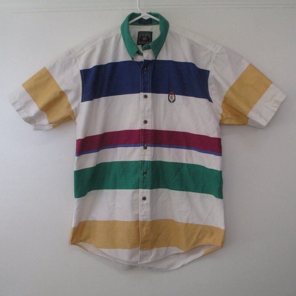 Chaps Ralph Lauren Vintage Color Block Stripe Shirt Mens XL Short Sleeve 90s